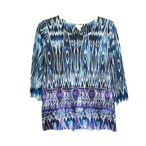 Chico's | Women’s Blue Geo Print Jeweled 3/4 Sleeve Blouse Top Size M 8